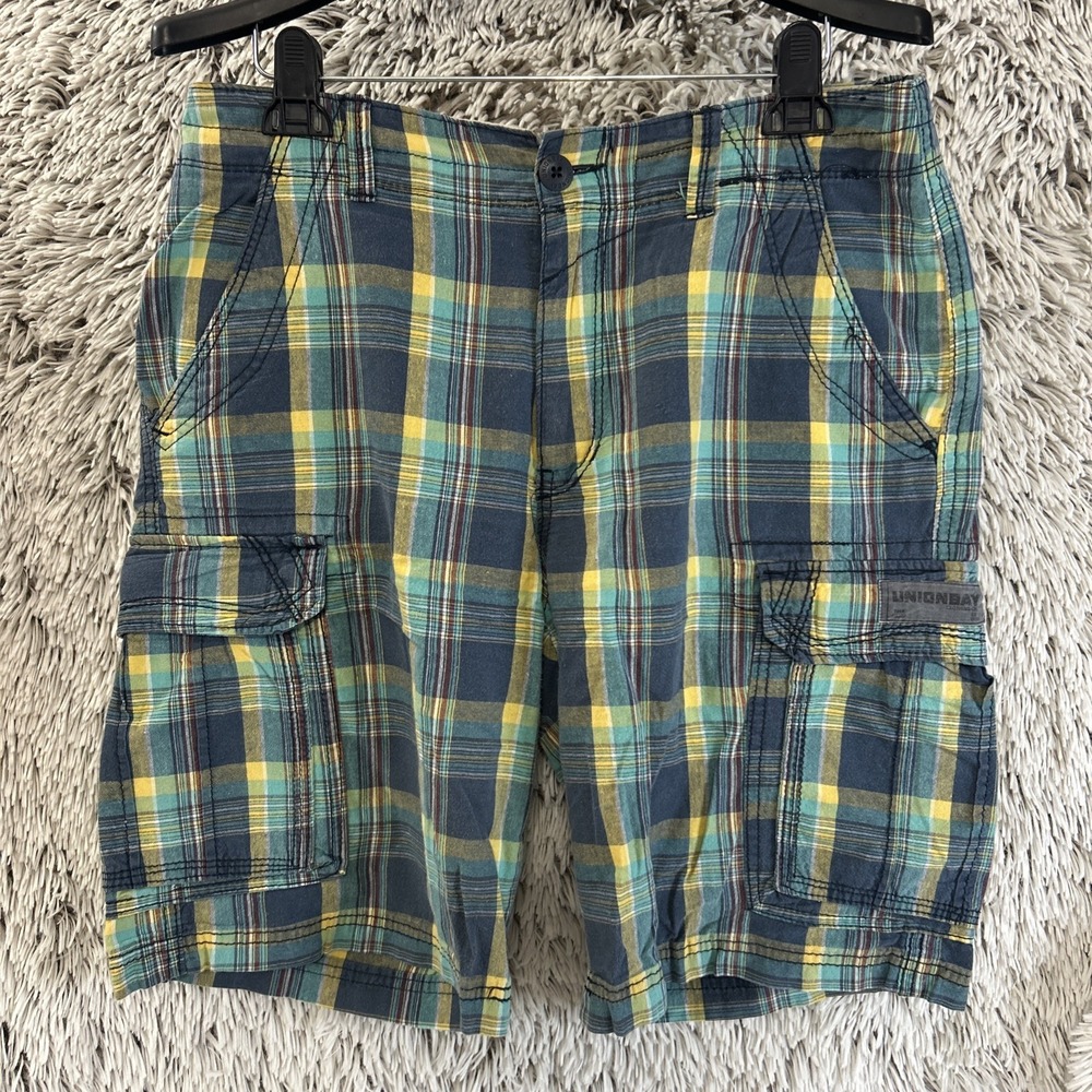 Unionbay Y2K Plaid Blue Yellow Cotton Chino Cargo Utility Bermuda Shorts Mens 32